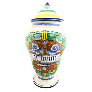 Vtg Majolica Pottery THYME Albarello Jar Urn ITALY Deruta Hand Painted Colorful